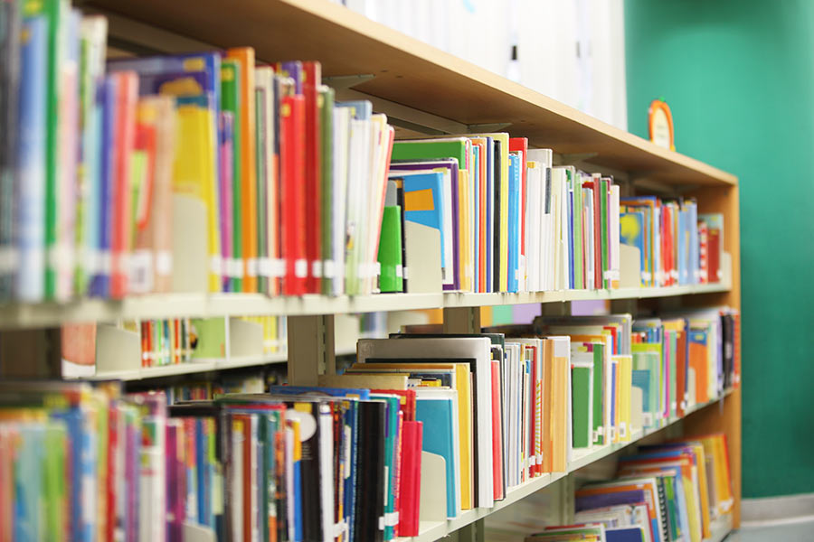 Shelves of books are seen at an elementary school library