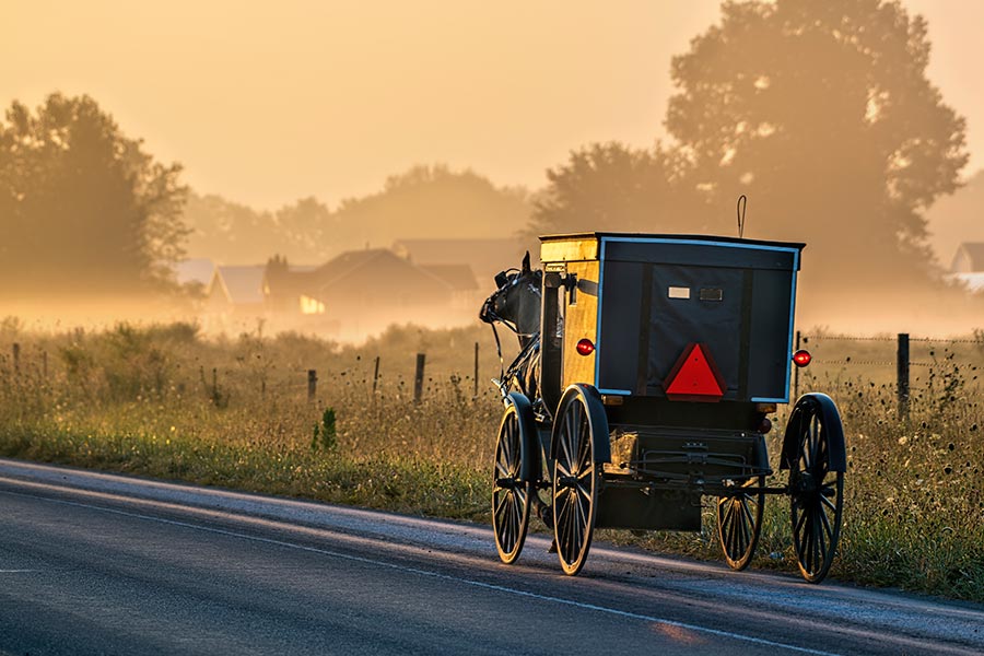 An Amish buggy travels down a paved road at sunrise